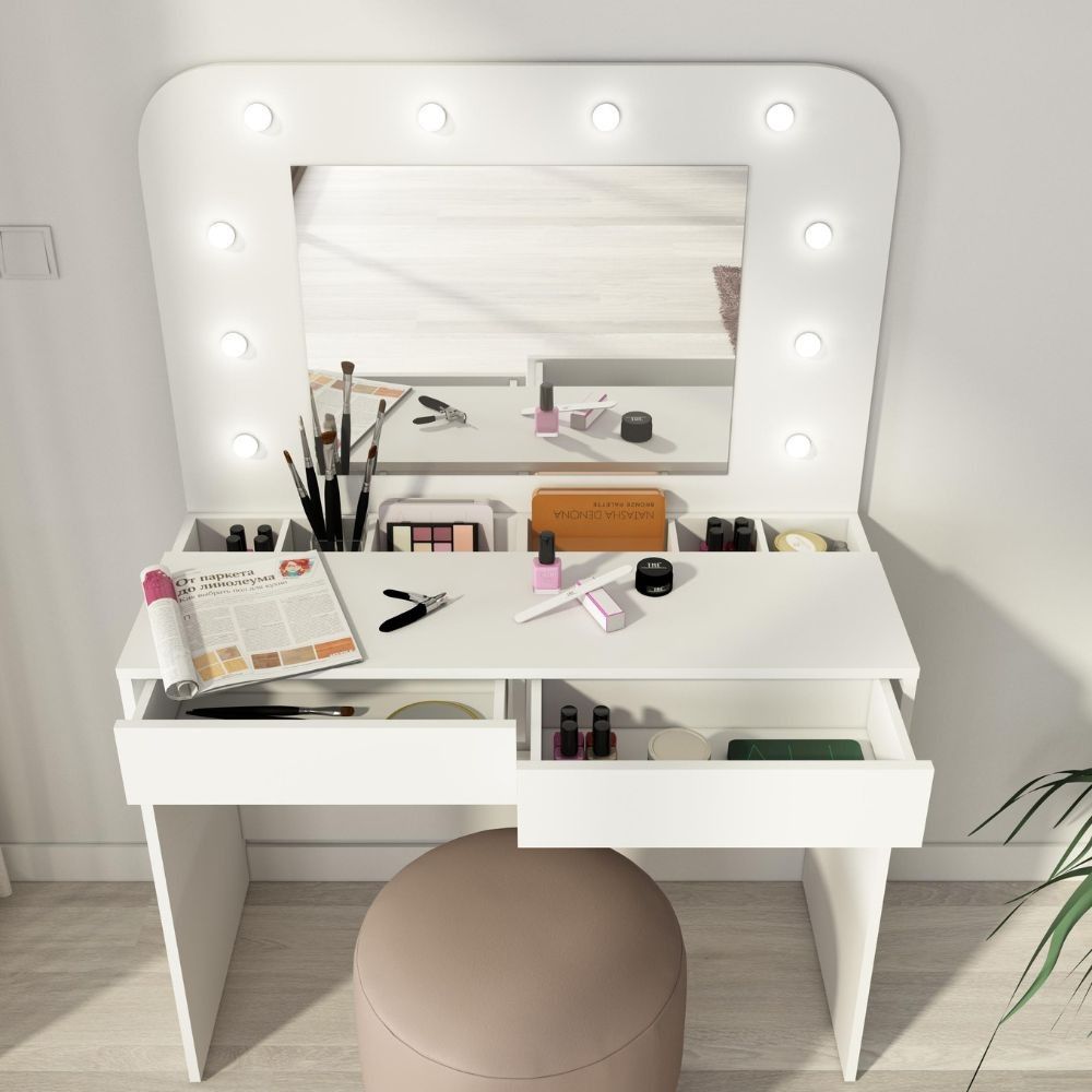 Toeletta da trucco con specchio a luci a led con doppio ripiano e 4  cassetti bianco