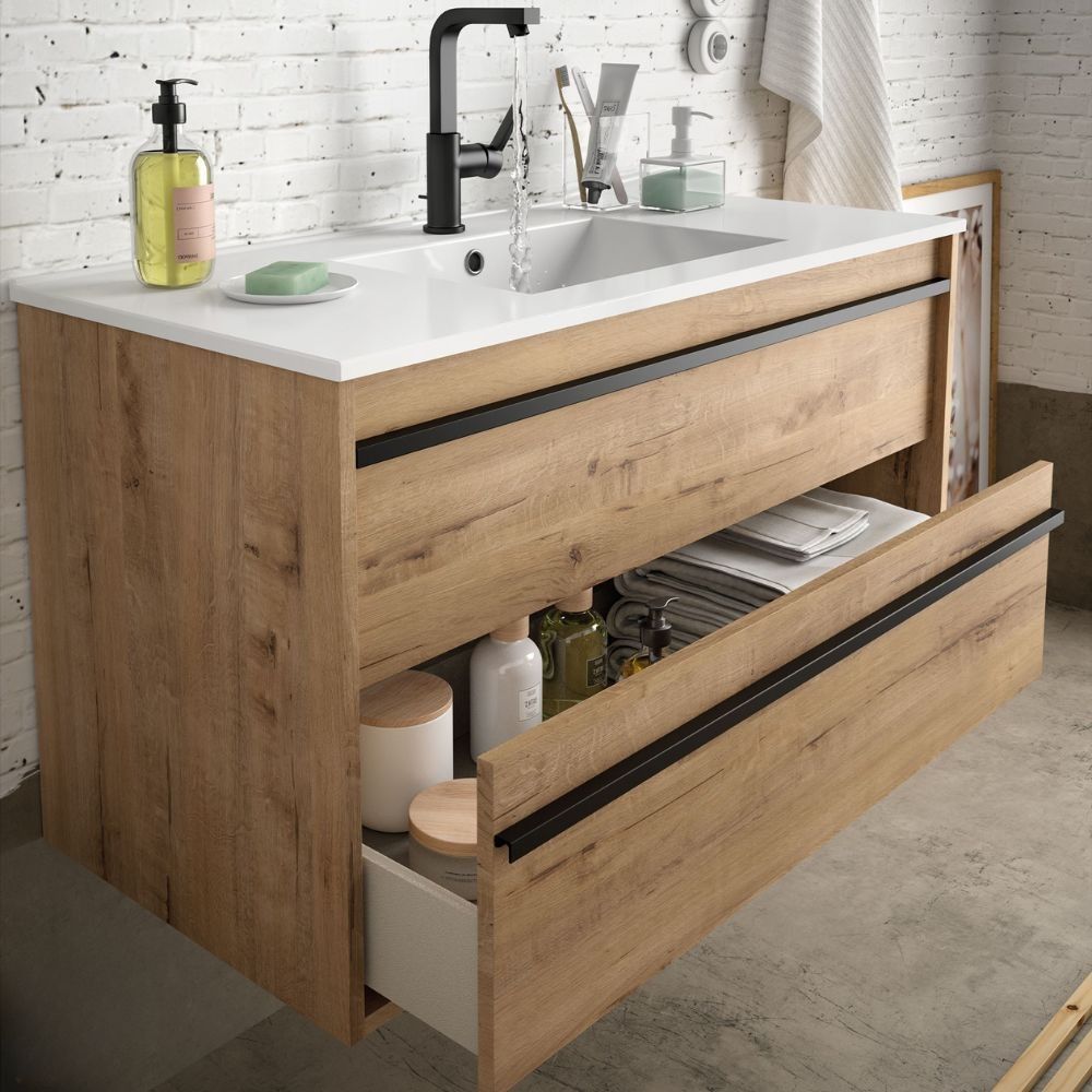 Mobile Bagno Con Lavabo Integrato - Armadietto Sospeso Con Cassetto - Stile Legno Antico - Foto 2
