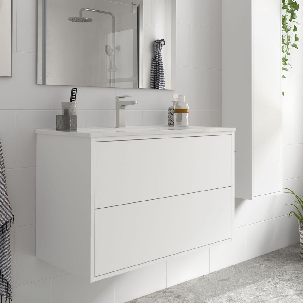 Mobile Bagno Sospeso Mango80 Bianco Opaco Con Lavabo 2 Cassetti 80x45x54h -  Asta Mobili