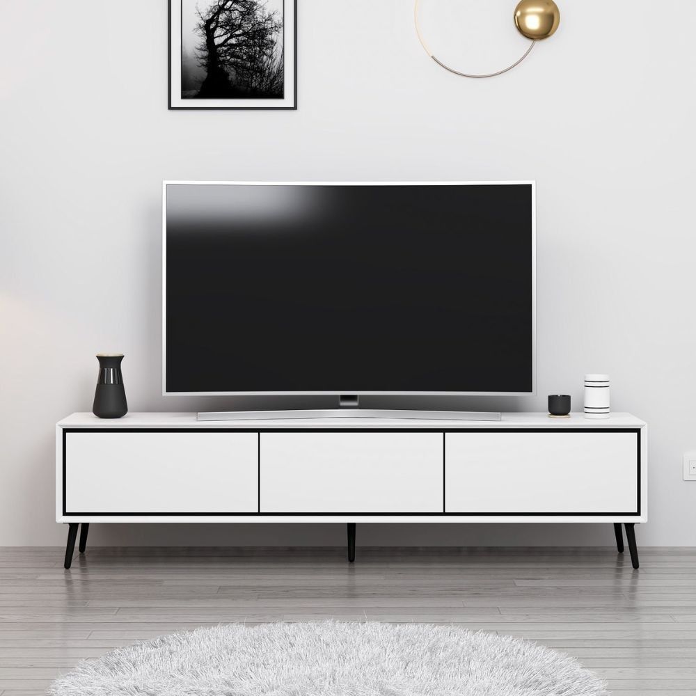 Vladon Lana 140 Mobile TV Sospeso A Parete - 140x29x37 Cm, Struttura Nero Opaco, Ante Bianco Lucido - Made In Germany