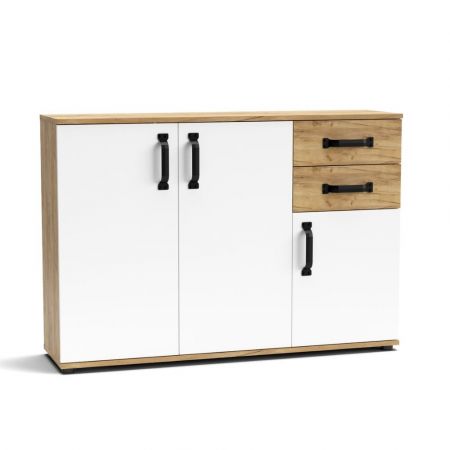 Credenza Miranda con 3 ante e 3 cassetti in legno massiccio bianco con top pino