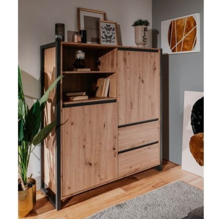 Credenza alta Zanne 2 ante e vani a giorno per forno microonde rovere