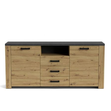 Credenza KUTA53 nera 3 cassetti e anta effetto rafia