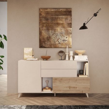 Credenza KUTA53 nera 3 cassetti e anta effetto rafia