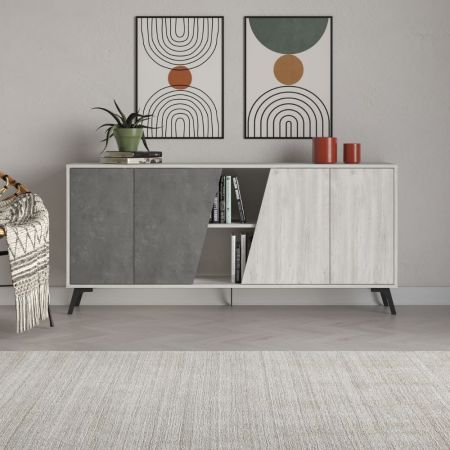 Credenza Misti con vetrina 4 ante e 2 cassetti in legno massiccio colore bianco e rovere