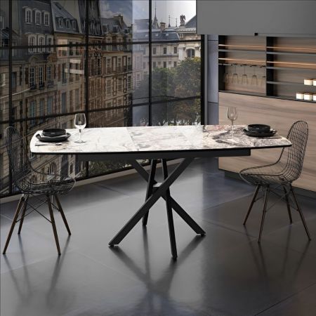 Tavolo Solid 180x90 piano ceramica effetto marmo bianco lucido e gambe nere