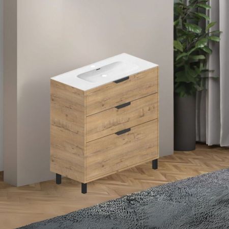 Mobile bagno sospeso Lario con lavabo e specchio rovere 80x46x48 H cm