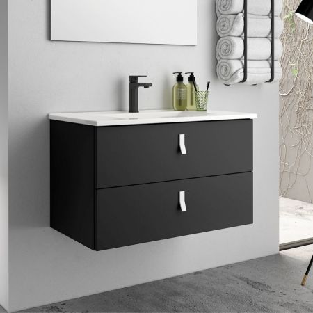 Mobile bagno sospeso Lario con lavabo e specchio rovere 80x46x48 H cm