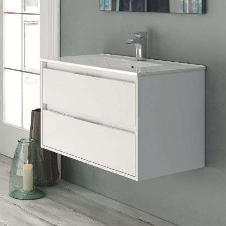Mobile bagno sospeso Lario con lavabo e specchio rovere 80x46x48 H cm