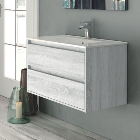 Mobile bagno sospeso Soho con due cassetti effetto cannettato colore bianco opaco 100x45x50 cm.