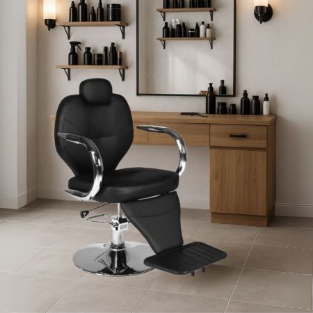 Sedia direzionale James in pelle nero con struttura e braccioli finitura effetto legno