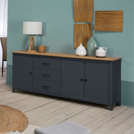 Credenza Miranda con vetrina 4 ante e due cassetti in legno massiccio colore verde e rovere
