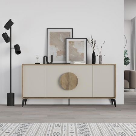 Credenza Miranda con 3 ante e 3 cassetti in legno massiccio verde con top pino