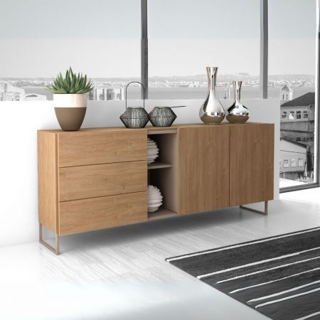 Credenza Miranda con 3 ante e 3 cassetti in legno massiccio bianco con top pino