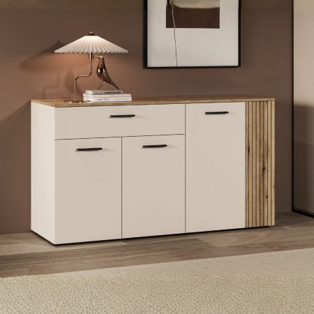 Madia Neutra 3 cassetti e 2 ante con dettaglio cannettato in rovere e cashmere