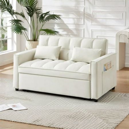 Divano letto 2 posti Marina contenitore colore Austin 2 beige con piedi in legno