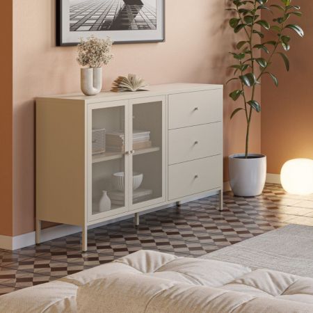 Credenza Mirage02 con 4 ante con motivo geometrico cashmere e top rovere