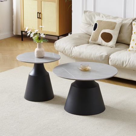 Tavolino doppio Gleam con piano in ceramica grigio lucido e struttura in metallo nero