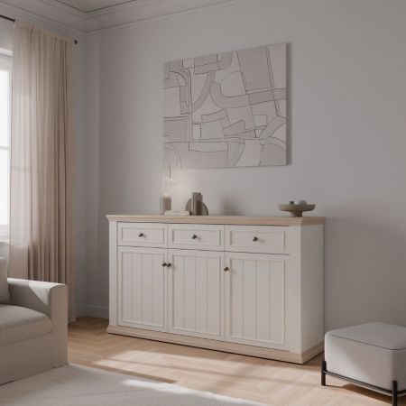 Credenza Misti con vetrina 4 ante e 2 cassetti in legno massiccio colore bianco e rovere