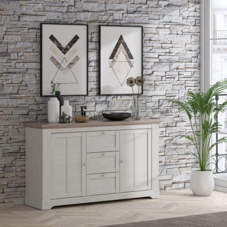 Credenza Miranda con 3 ante e 3 cassetti in legno massiccio verde con top pino