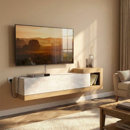Mobile porta TV sospeso Francy antracite bianco ante a ribalta 135x31.7x25 cm.