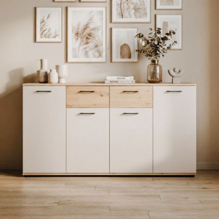 Credenza New Denver2 con 3 cassetti e 2 ante battenti in bianco e rovere