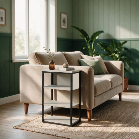 Tavolino da salotto Grova con ripiani circolari regolabili con apertura centrale cashmere